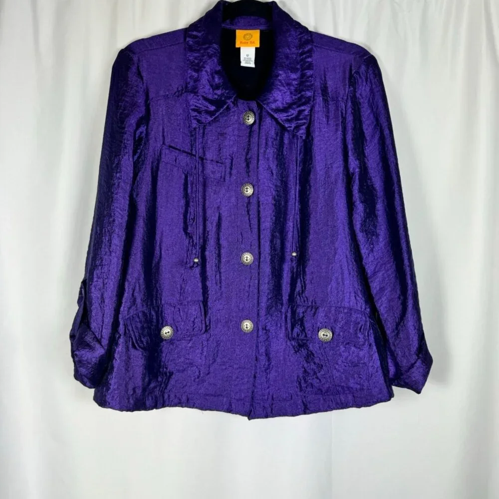 Ruby Rd. Iridescent Purple Jacket Crinkle Texture Cropped Sleeves Buttons 12